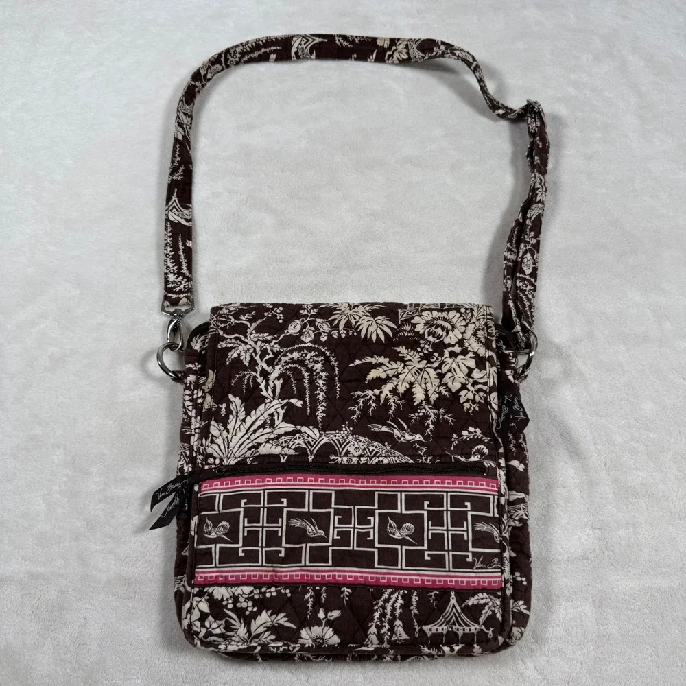 Vera Bradley Quilted Crossbody Bag Java Blue Brown Floral Pagoda Birds Retired